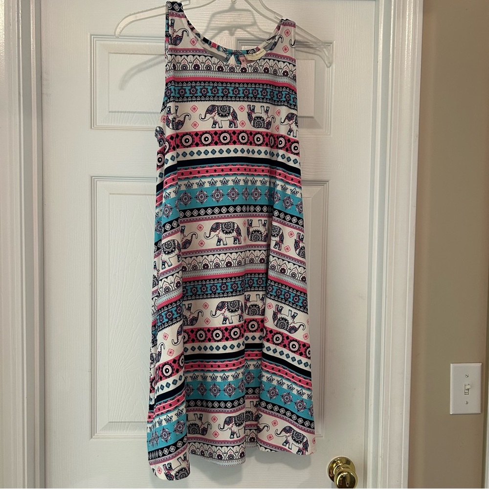 Bobbie Brooks EUC Mandela Elephant Dress Size Large A-line Sleeveless Stretch